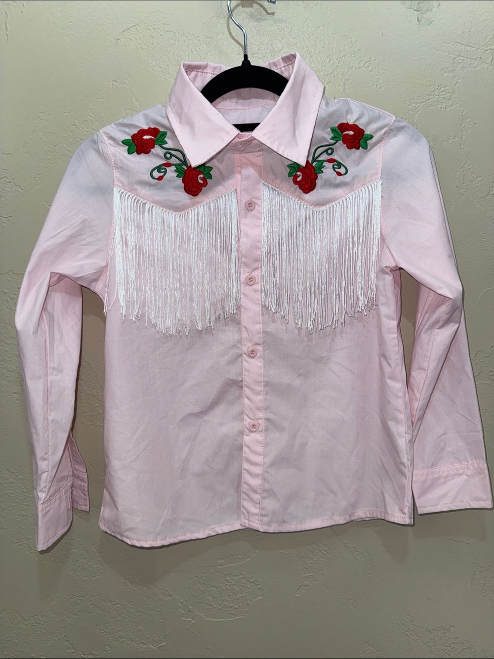Girls Pink Western Button-Down Shirt Rose Embroidery & Fringe Embroidered 6/7